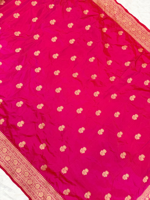 Hot Pink Pure Katan Silk Banarasi Handloom Saree - All over Motifs