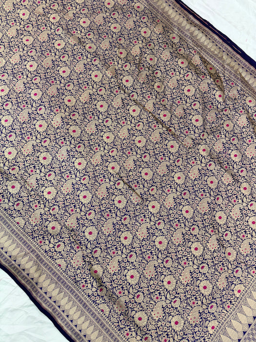 Deep Blue Pure Katan Banarasi Handloom Saree - Meenakari Brocade Work