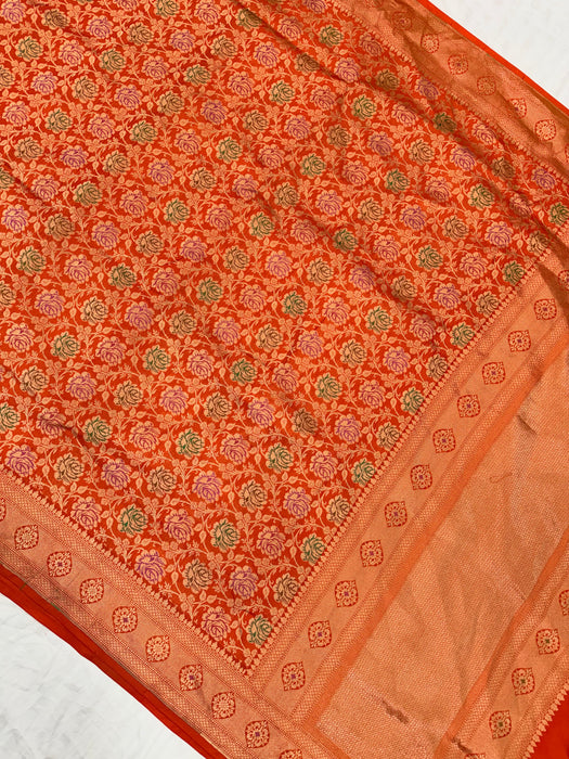 Orange Pure Katan Banarasi Handloom Saree - Meenakari Brocade Work