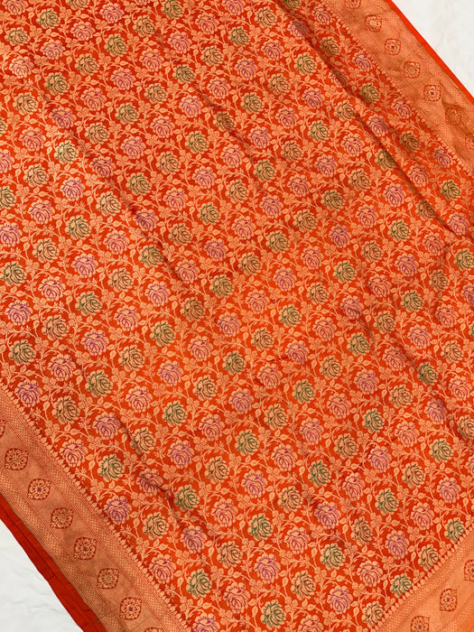 Orange Pure Katan Banarasi Handloom Saree - Meenakari Brocade Work
