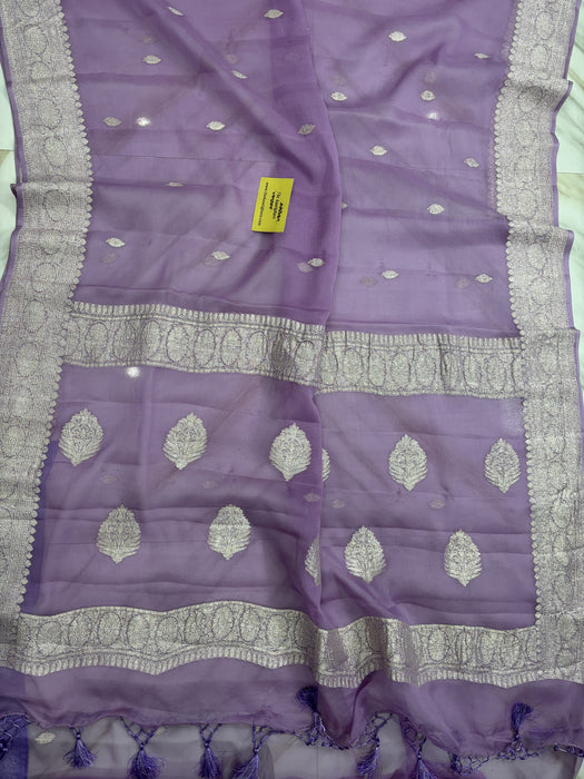 Lavender Pure Kadhwa Chiffon  Banarasi Saree