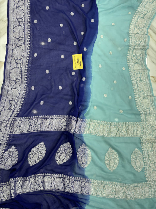 Double Shade Pure Kadhwa Chiffon Georgette Banarasi Saree - Silver Zari