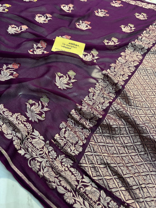 Wine Khaddi Georgette Banarasi Handloom Saree -  Tilfi Meenakari