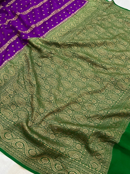 Purple & Green Khaddi Georgette Banarasi Handloom Saree - Antique Zari