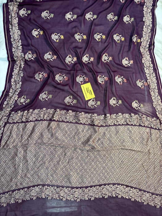 Wine Khaddi Georgette Banarasi Handloom Saree -  Tilfi Meenakari