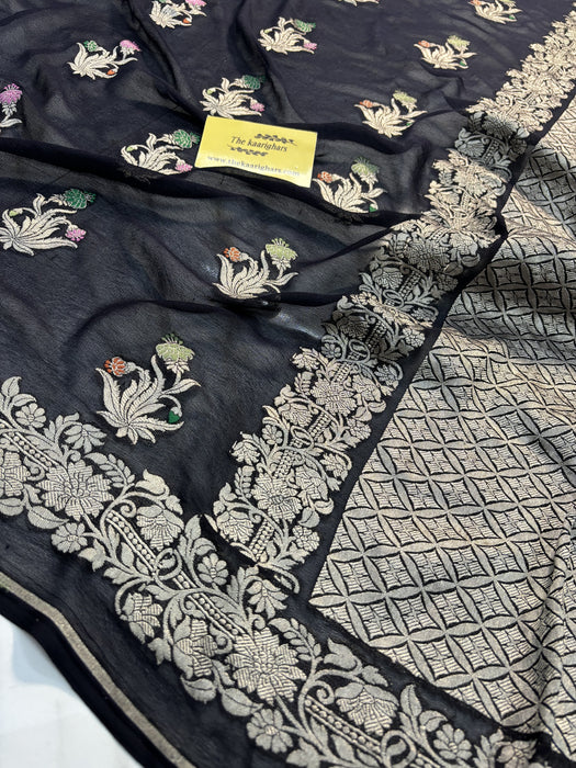 Black Khaddi Georgette Banarasi Handloom Saree - Tilfi Meenakari