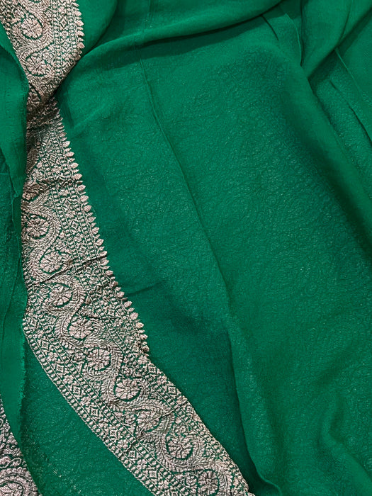 Purple & Green Khaddi Georgette Banarasi Handloom Saree - Antique Zari