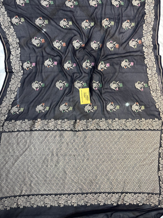 Black Khaddi Georgette Banarasi Handloom Saree - Tilfi Meenakari