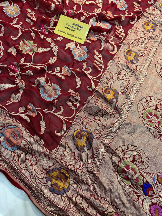 Red Khaddi Georgette Banarasi Handloom Saree -  Tilfi Meenakari