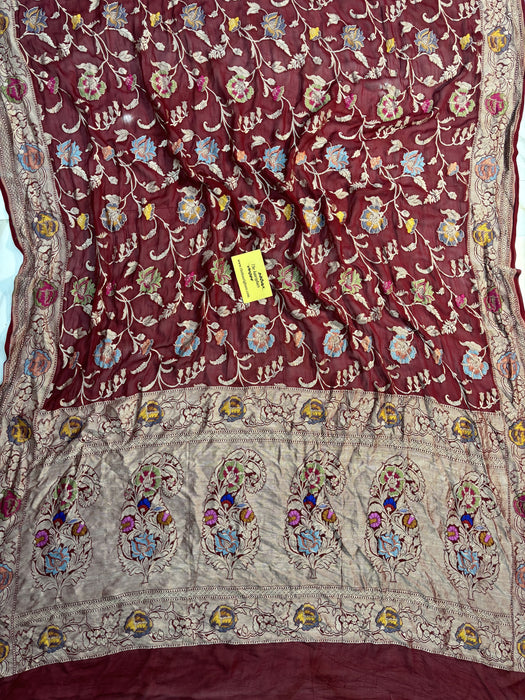 Red Khaddi Georgette Banarasi Handloom Saree -  Tilfi Meenakari