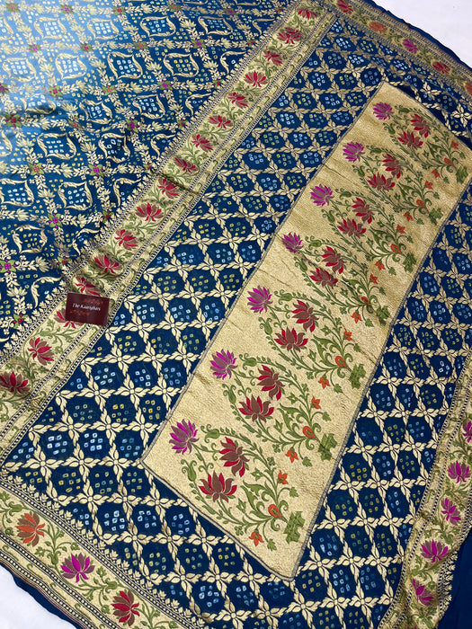 Handwoven Pure Georgette Bandhani Banarasi Saree - Meenakari Work