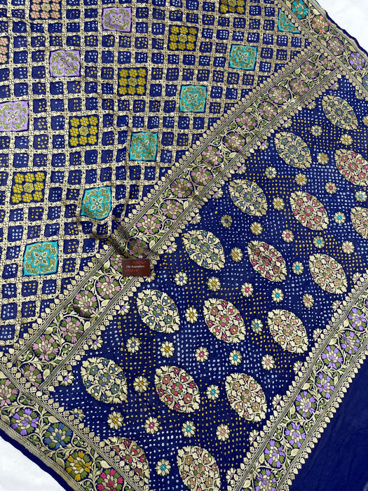Handwoven German Blue Pure Georgette Bandhani Banarasi Saree - Meenakari Work