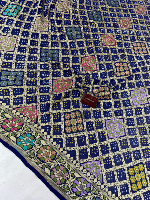 Handwoven German Blue Pure Georgette Bandhani Banarasi Saree - Meenakari Work
