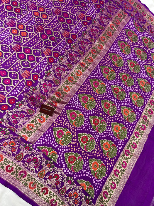 Handwoven Pure Georgette Bandhani Banarasi Saree - Meenakari Work