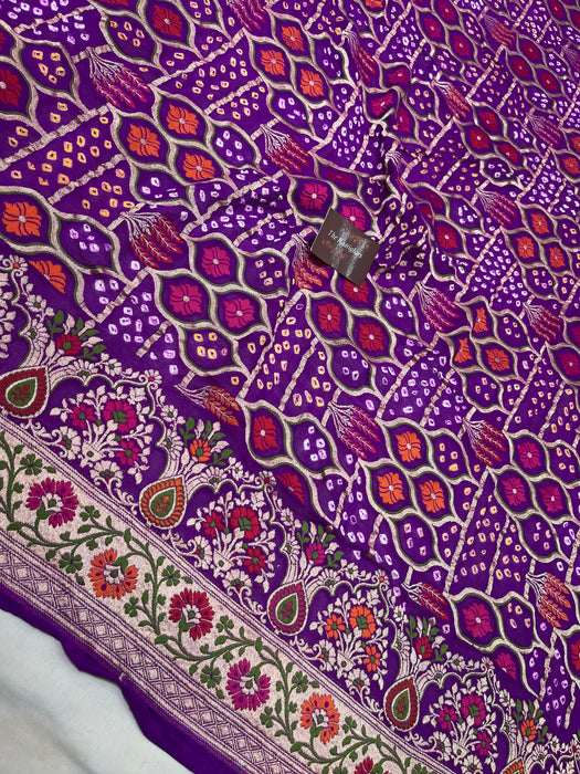Handwoven Pure Georgette Bandhani Banarasi Saree - Meenakari Work