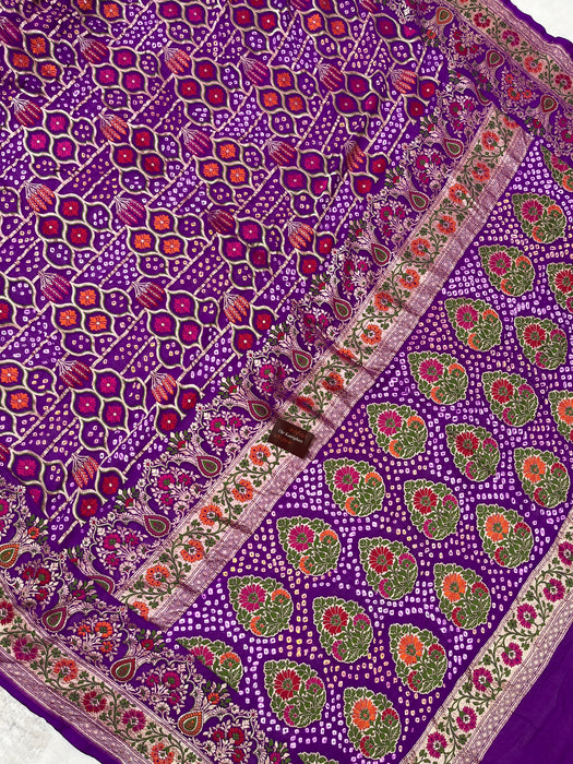 Handwoven Purple Pure Georgette Bandhani Banarasi Saree - Meenakari Work