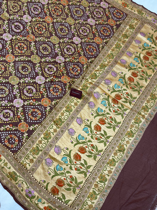 Handwoven Pure Georgette Bandhani Banarasi Saree - Meenakari Work
