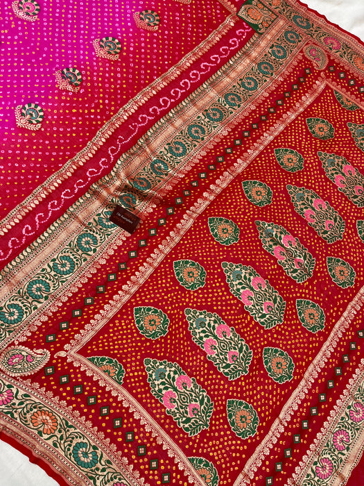 Handwoven Pure Georgette Bandhani Banarasi Saree - Meenakari Work