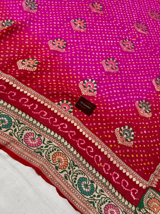 Handwoven Pure Georgette Bandhani Banarasi Saree - Meenakari Work