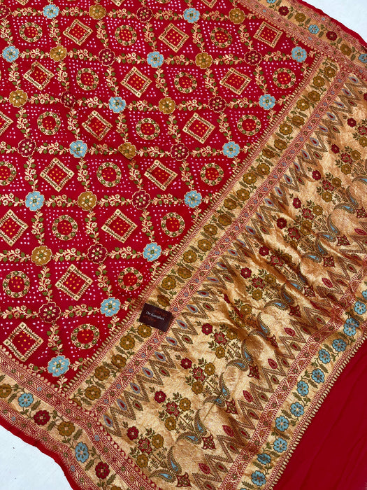 Handwoven Red Pure Georgette Bandhani Banarasi Saree - Meenakari Work