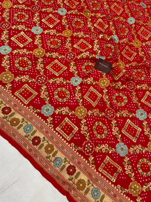 Handwoven Red Pure Georgette Bandhani Banarasi Saree - Meenakari Work