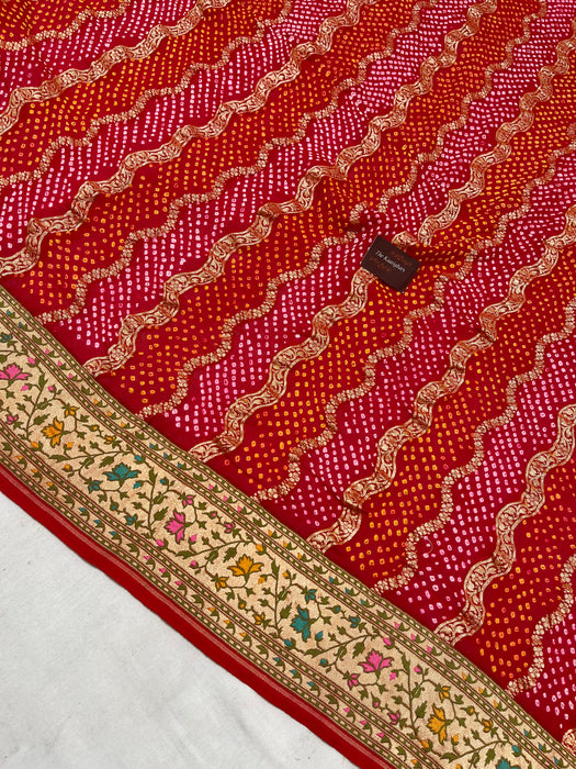 Handwoven Red Pure Georgette Bandhani Banarasi Saree - Meenakari Work