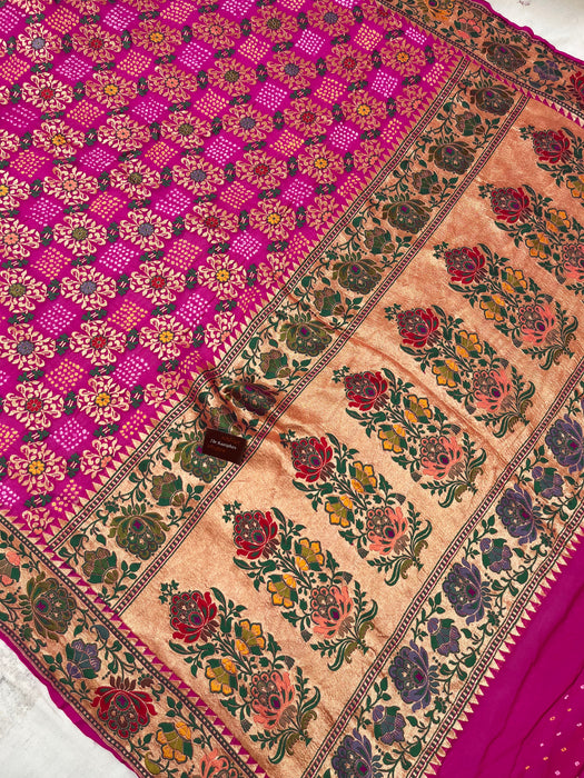 Handwoven Rani Pure Georgette Bandhani Banarasi Saree - Meenakari Work