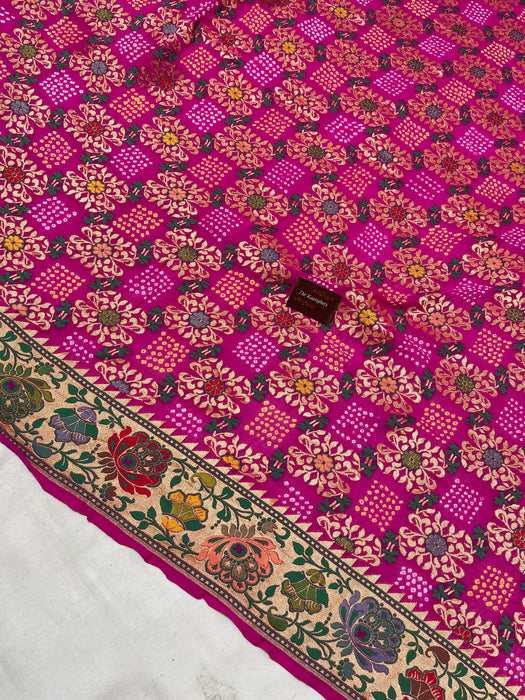 Handwoven Rani Pure Georgette Bandhani Banarasi Saree - Meenakari Work