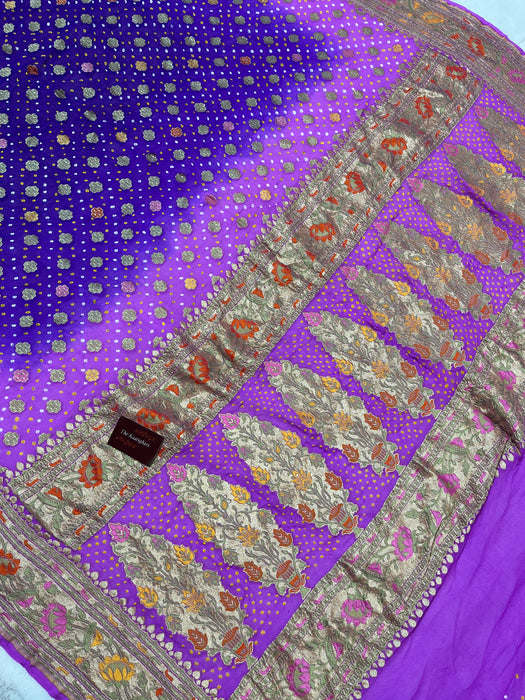 Handwoven Purple Pure Georgette Bandhani Banarasi Saree - Meenakari Work