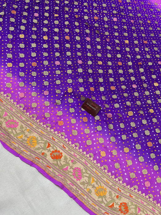 Handwoven Purple Pure Georgette Bandhani Banarasi Saree - Meenakari Work