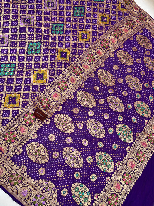 Handwoven Purple Pure Georgette Bandhani Banarasi Saree - Meenakari Work