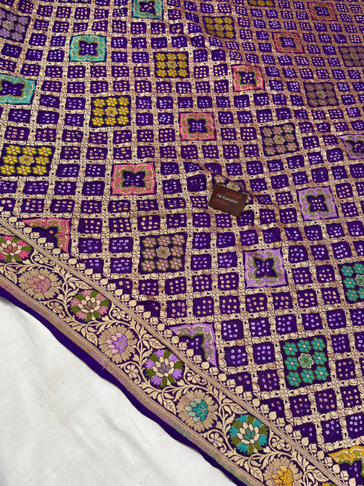 Handwoven Purple Pure Georgette Bandhani Banarasi Saree - Meenakari Work