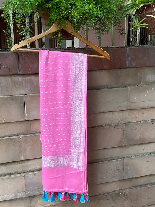 Pink Pure Chiffon Banarasi Handloom Dupatta - Silver Zari