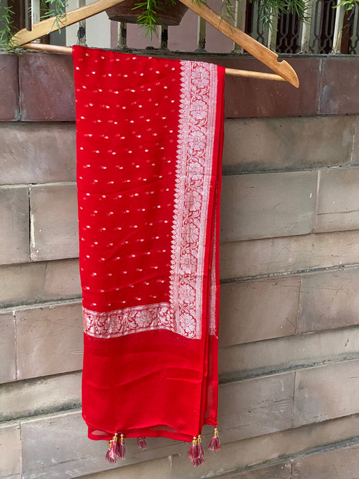 Red Pure Chiffon Banarasi Handloom Dupatta - Silver Zari