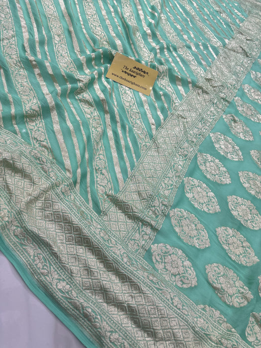 Torquoise Green Pure Khaddi Georgette Banarasi Saree -  Water Zari