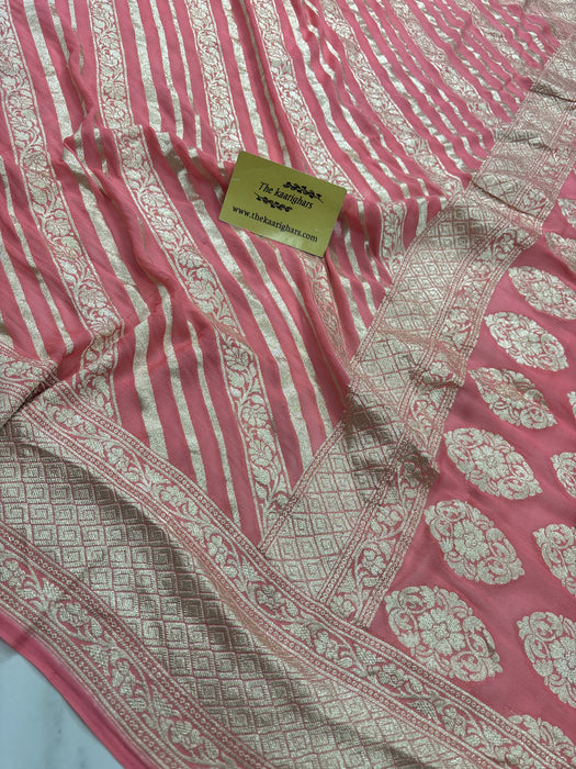 Pink Pure Khaddi Georgette Banarasi Handloom Saree -  Water Zari