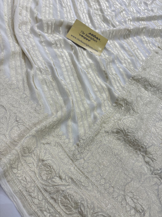 Cream Pure Khaddi Georgette Banarasi Handloom Saree -  Water Zari