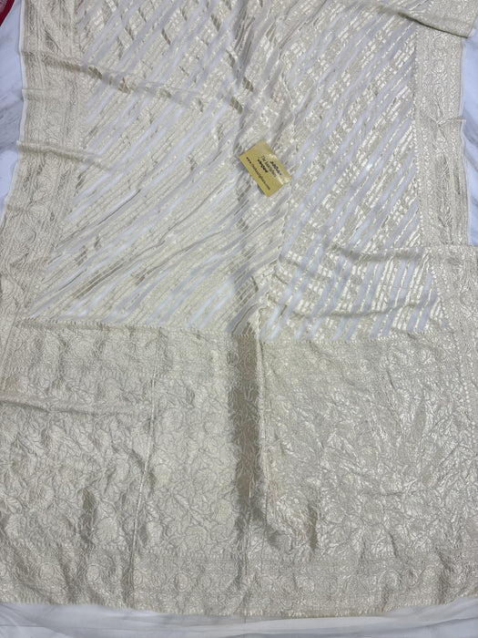 Cream Pure Khaddi Georgette Banarasi Handloom Saree -  Water Zari
