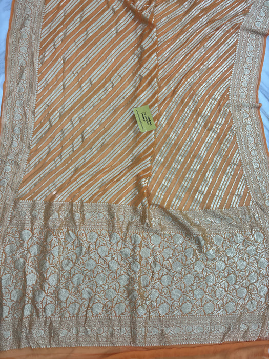 Persian Orange Pure Khaddi Georgette Banarasi Saree -  Water Zari