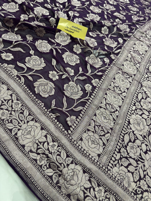 Magenta Pure Khaddi Georgette Banarasi Handloom Saree -  Water Zari