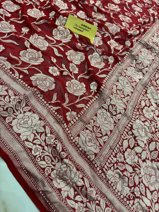 Red Pure Khaddi Georgette Banarasi Handloom Saree -  Water Zari