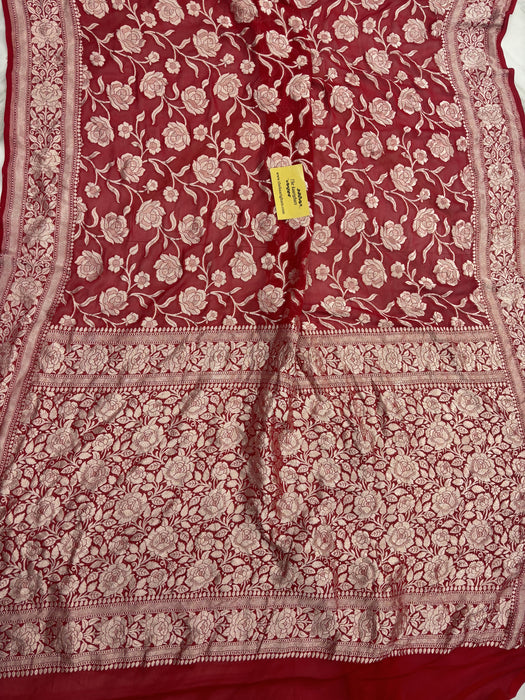 Red Pure Khaddi Georgette Banarasi Handloom Saree -  Water Zari