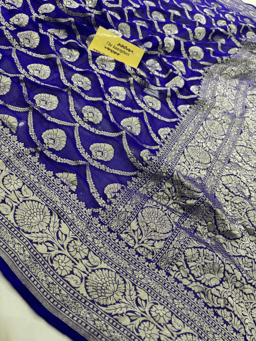 Royal Blue Pure Khaddi Georgette Banarasi Handloom Saree -  Water Zari
