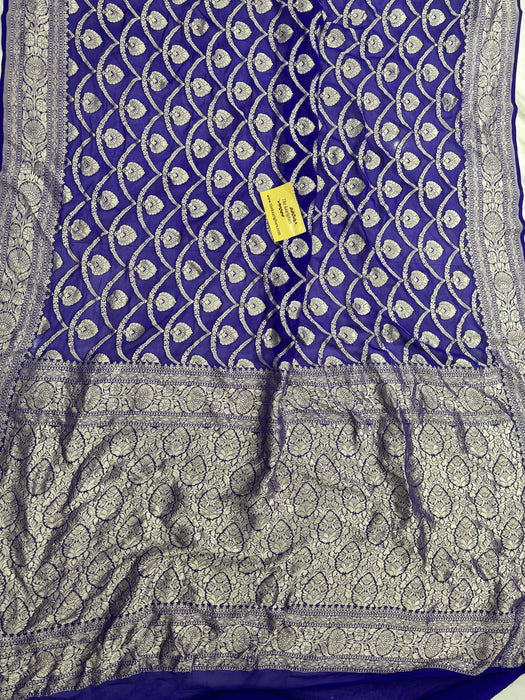 Royal Blue Pure Khaddi Georgette Banarasi Handloom Saree -  Water Zari
