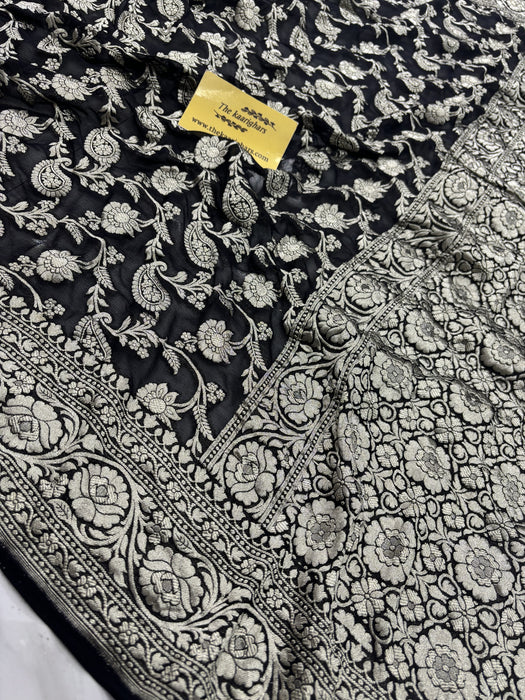 Black Pure Khaddi Georgette Banarasi Saree -  Water Zari