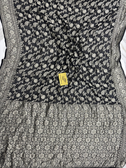 Black Pure Khaddi Georgette Banarasi Saree -  Water Zari