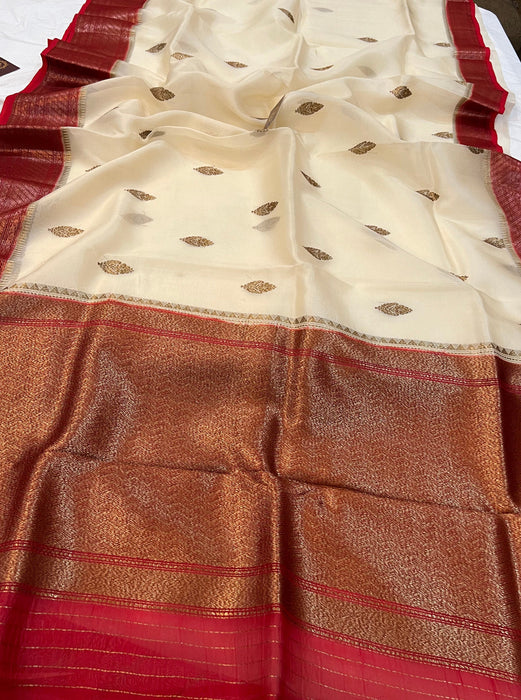 White Pure Kora Banarasi Handloom Saree