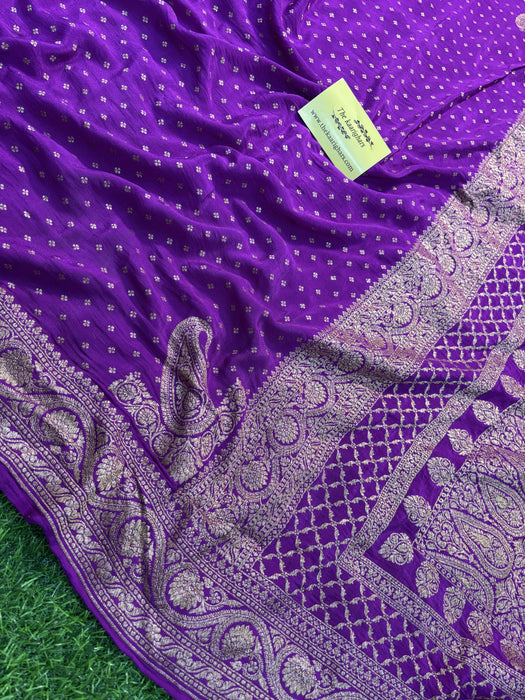 Purple Pure Khaddi Crepe Banarasi Handloom Saree - Antique Zari