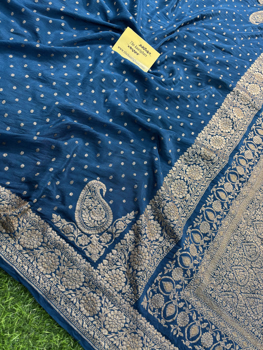 German Blue Pure Khaddi Crepe Banarasi Handloom Saree - Antique Zari
