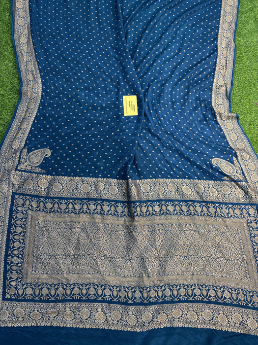 German Blue Pure Khaddi Crepe Banarasi Handloom Saree - Antique Zari